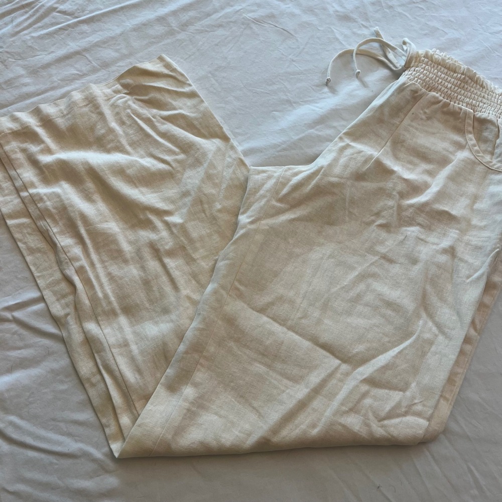 BY & BY Cream Wide Leg Linen Pants High Waisted Smocked Drawstring Lounge Large